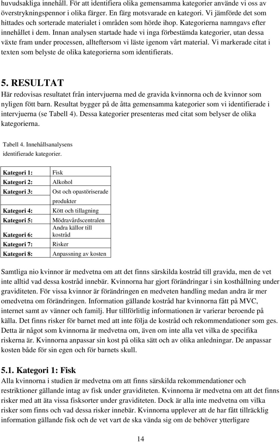 Innan analysen startade hade vi inga förbestämda kategorier, utan dessa växte fram under processen, allteftersom vi läste igenom vårt material.