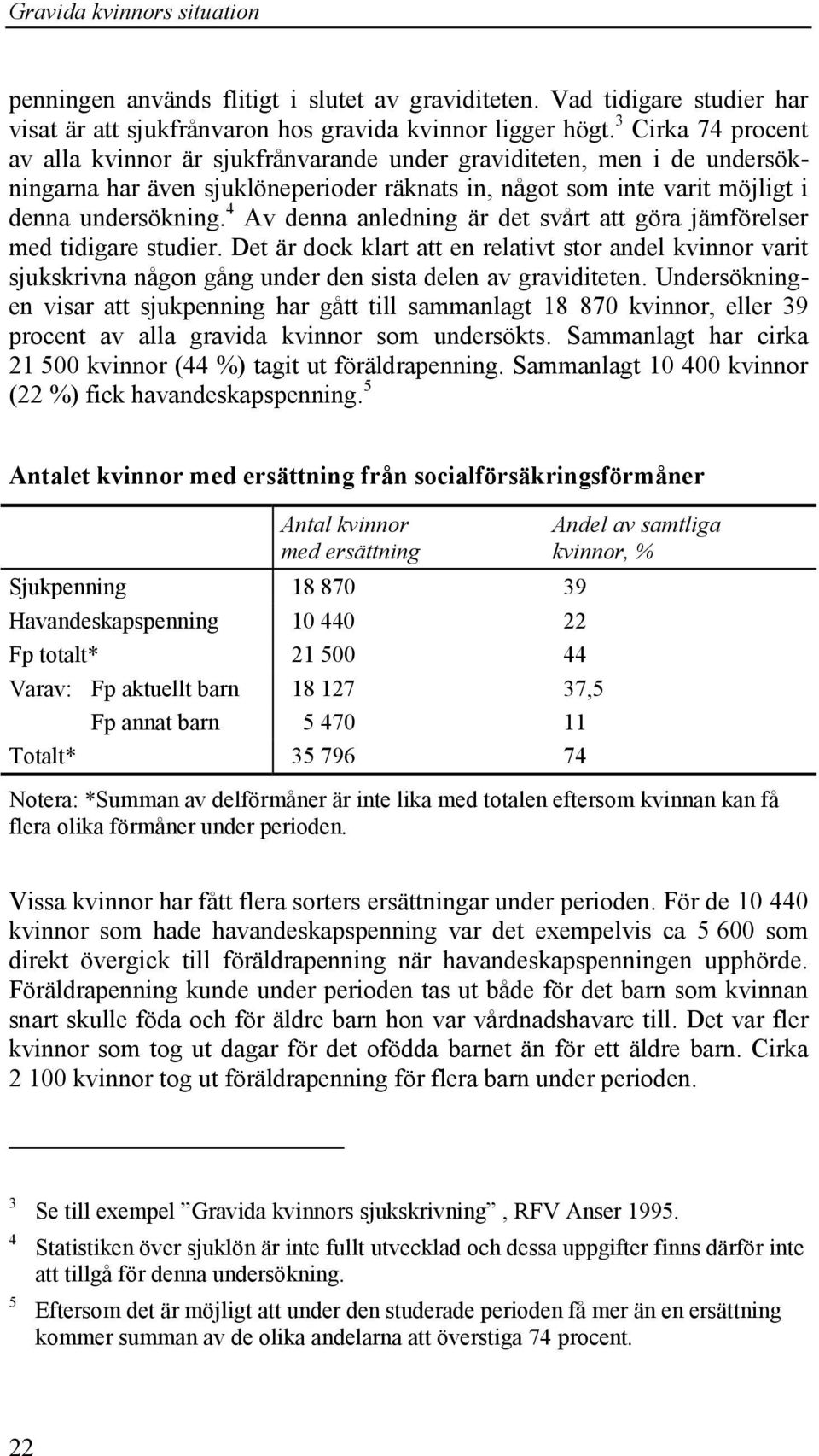 4 Av denna anledning är det svårt att göra jämförelser med tidigare studier. Det är dock klart att en relativt stor andel kvinnor varit sjukskrivna någon gång under den sista delen av graviditeten.