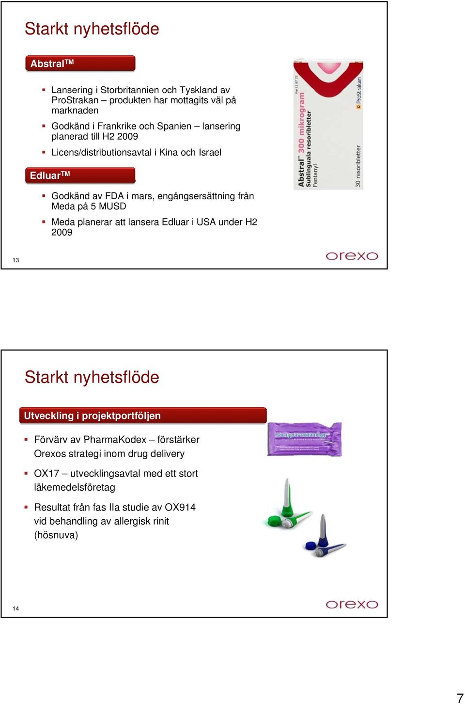 Meda planerar att lansera Edluar i USA under H2 2009 13 Starkt nyhetsflöde Utveckling i projektportföljen Förvärv av PharmaKodex förstärker Orexos