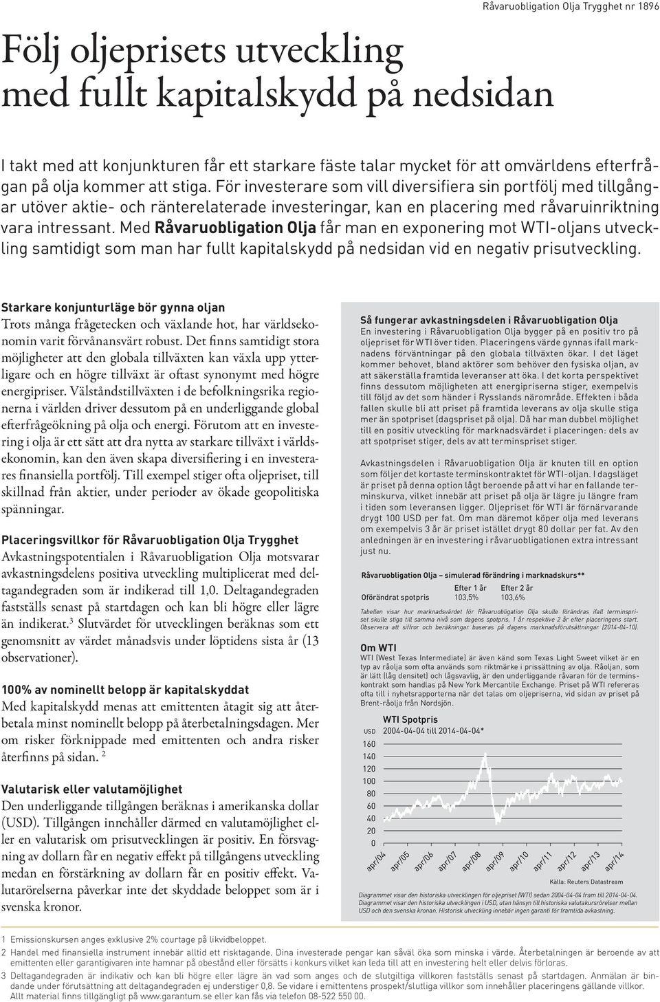 Med Råvaruobligation Olja får man en exponering mot WTI-oljans utveckling samtidigt som man har fullt kapitalskydd på nedsidan vid en negativ prisutveckling.