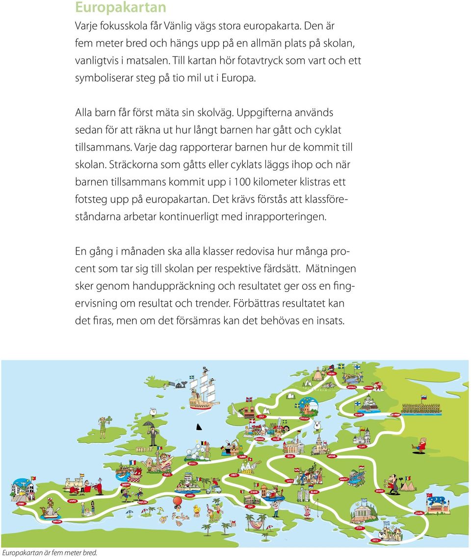 Uppgifterna används sedan för att räkna ut hur långt barnen har gått och cyklat tillsammans. Varje dag rapporterar barnen hur de kommit till skolan.