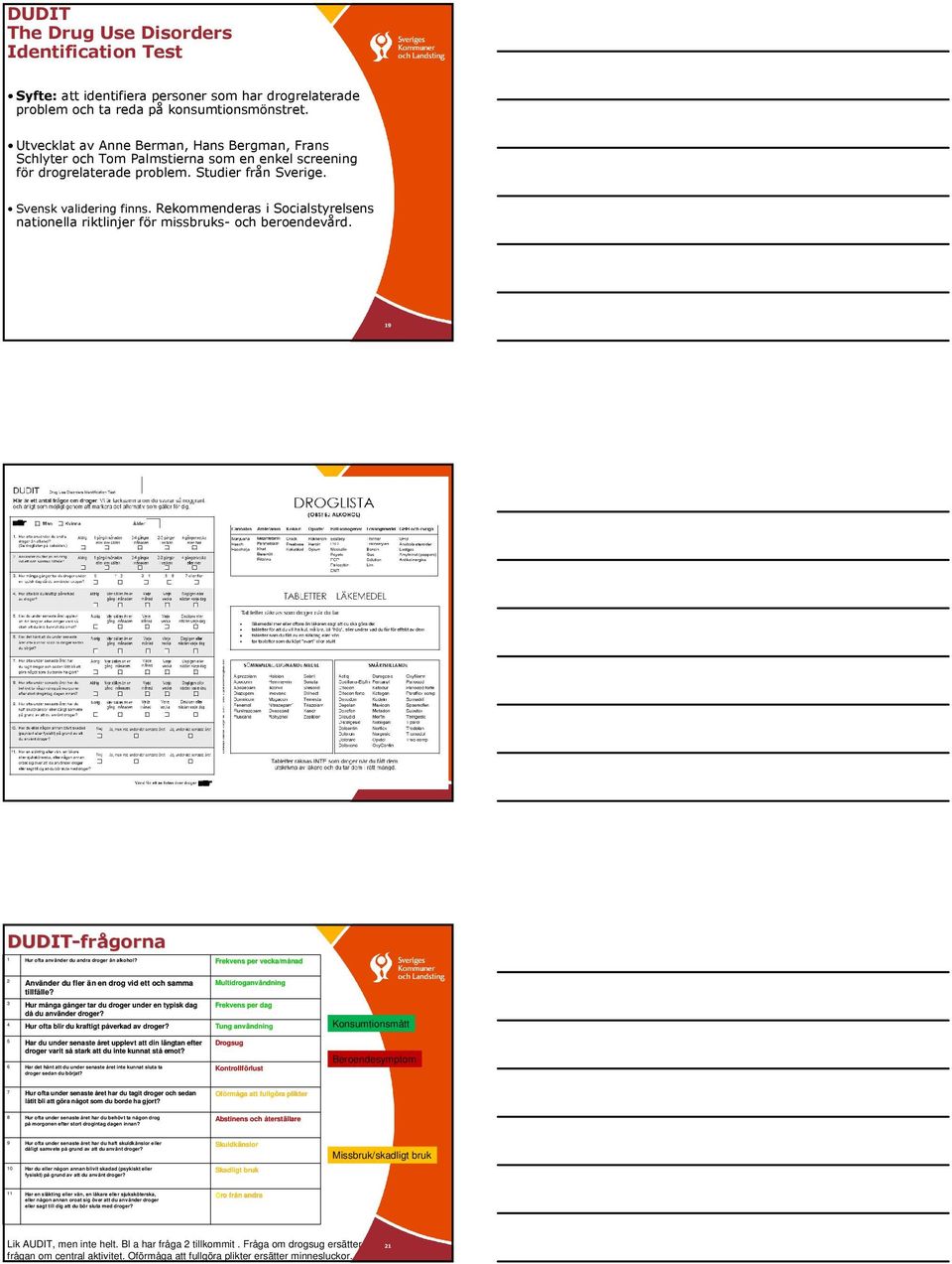 Rekommenderas i Socialstyrelsens nationella riktlinjer för missbruks- och beroendevård. 19 20 DUDIT-fr frågorna 1 Hur ofta använder nder du andra droger än alkohol?