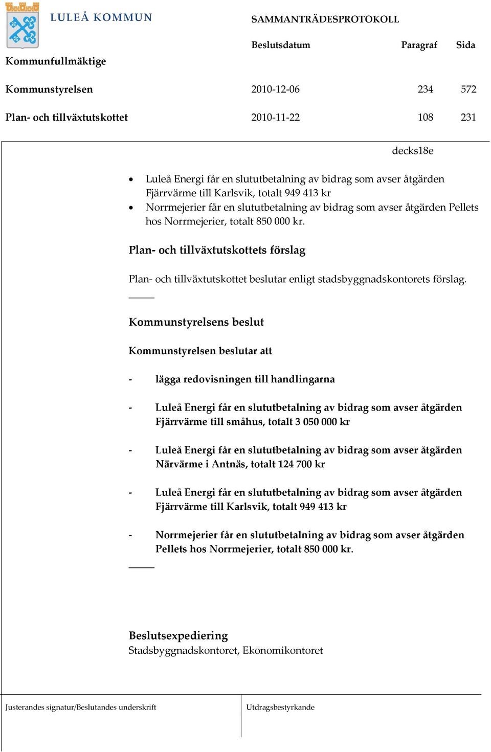 Kommunstyrelsens beslut Kommunstyrelsen beslutar att lägga redovisningen till handlingarna Fjärrvärme till småhus, totalt 3 050 000 kr Närvärme i Antnäs, totalt 124 700 kr Fjärrvärme