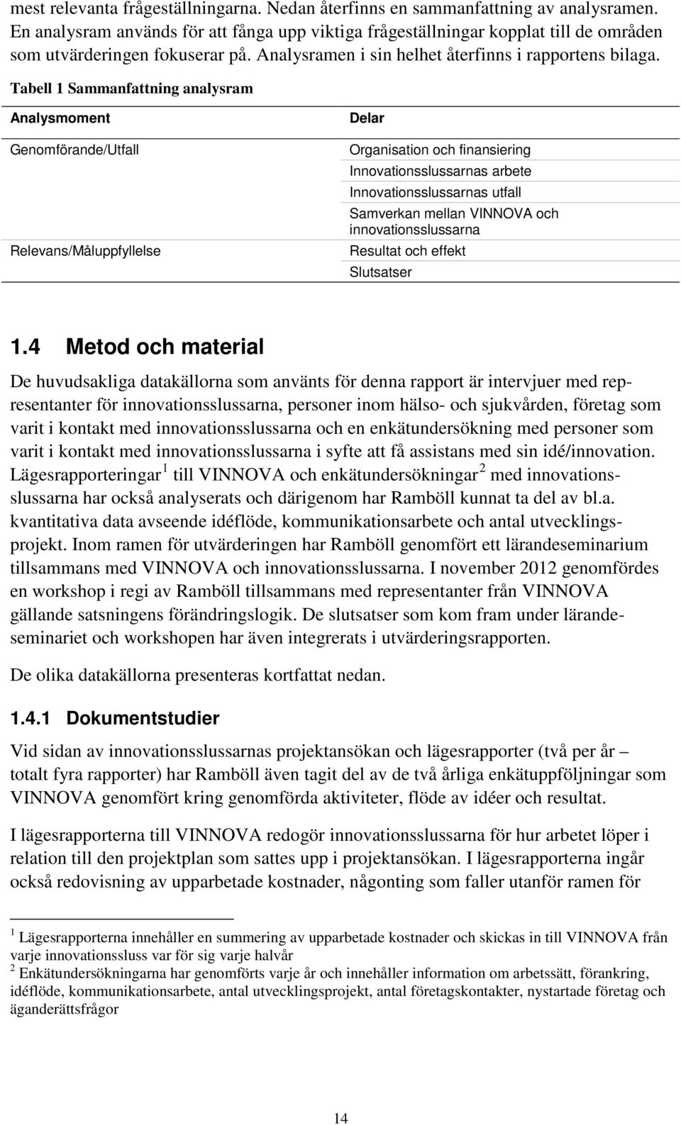 Tabell 1 Sammanfattning analysram Analysmoment Genomförande/Utfall Relevans/Måluppfyllelse Delar Organisation och finansiering Innovationsslussarnas arbete Innovationsslussarnas utfall Samverkan