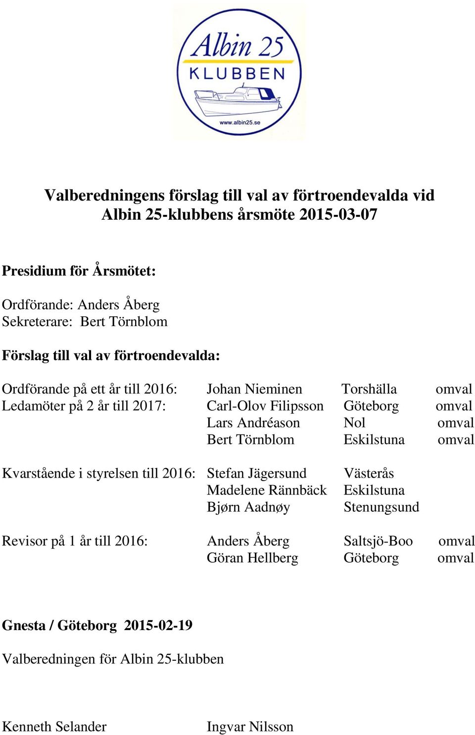 Andréason Nol omval Bert Törnblom Eskilstuna omval Kvarstående i styrelsen till 2016: Stefan Jägersund Madelene Rännbäck Bjørn Aadnøy Västerås Eskilstuna Stenungsund