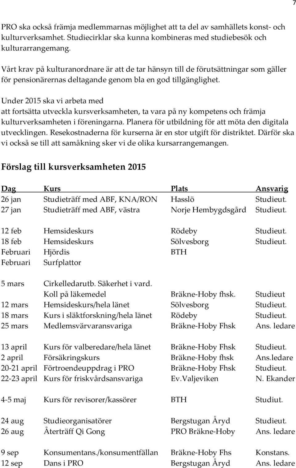 Under 2015 ska vi arbeta med att fortsätta utveckla kursverksamheten, ta vara på ny kompetens och främja kulturverksamheten i föreningarna.