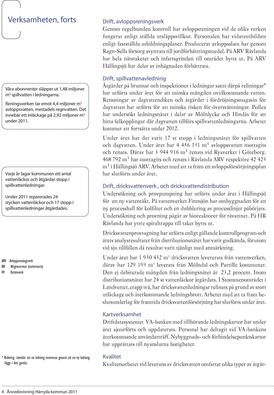 Under 2011 reparerades 24 stycken vattenläckor och 17 stopp i spillvattenledningar åtgärdades.