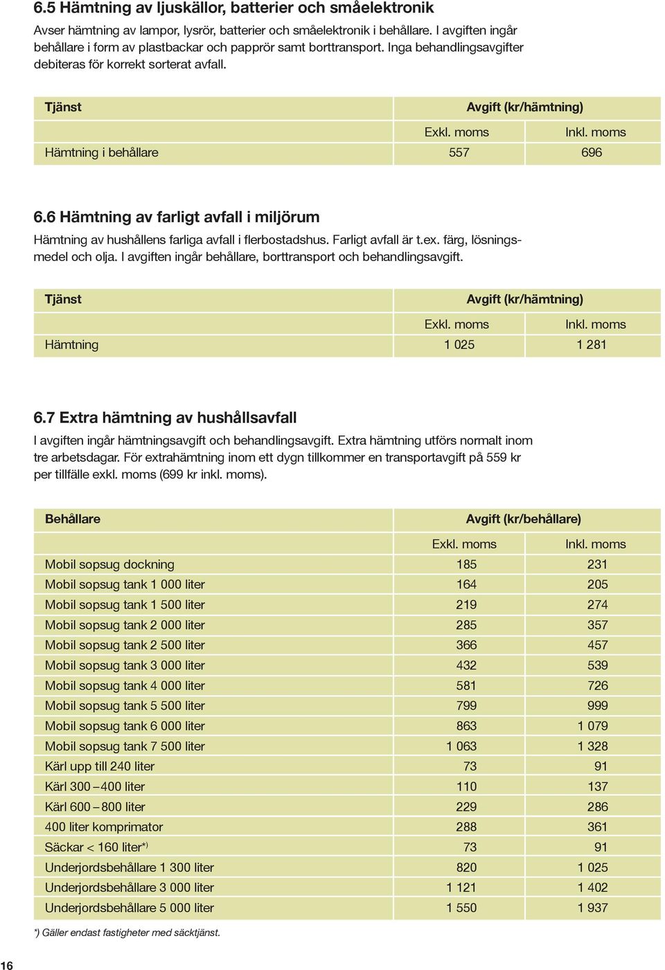 Tjänst Avgift (kr/hämtning) Hämtning i behållare 557 696 6.6 Hämtning av farligt avfall i miljörum Hämtning av hushållens farliga avfall i flerbostadshus. Farligt avfall är t.ex.