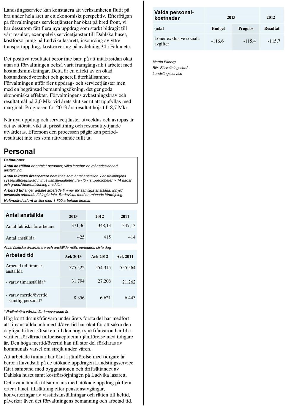 kostförsörjning på Ludvika lasarett, insourcing av yttre transportuppdrag, kostservering på avdelning 34 i Falun etc.