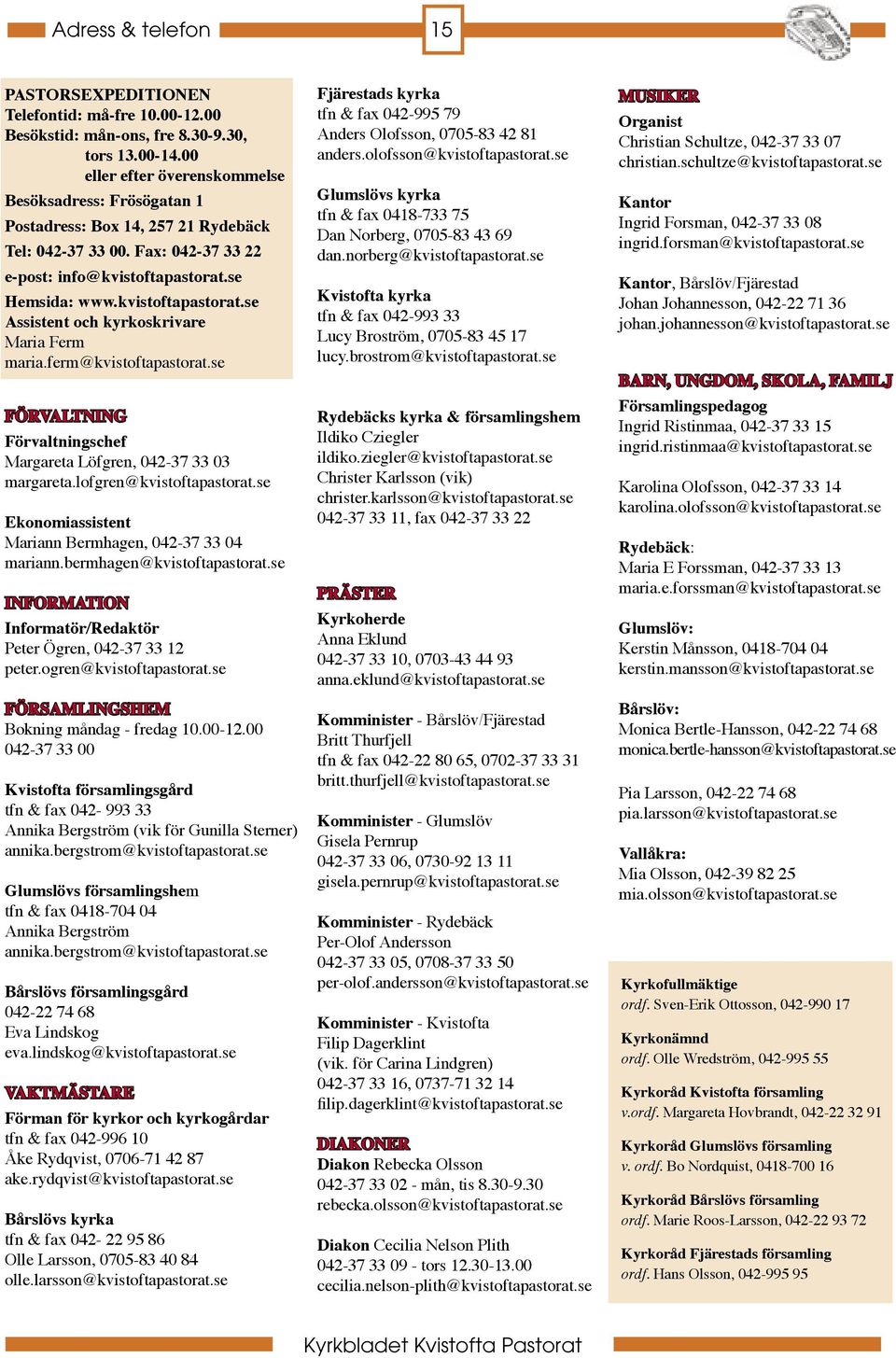 se Hemsida: www.kvistoftapastorat.se Assistent och kyrkoskrivare Maria Ferm maria.ferm@kvistoftapastorat.se FÖRVALTNING Förvaltningschef Margareta Löfgren, 042-37 33 03 margareta.