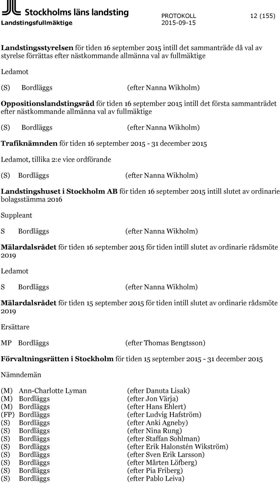 Nanna Wikholm) Trafiknämnden för tiden 16 september 2015-31 december 2015 Ledamot, tillika 2:e vice ordförande (S) Bordläggs (efter Nanna Wikholm) Landstingshuset i Stockholm AB för tiden 16