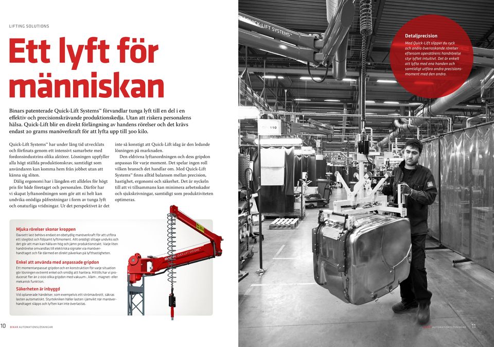 Binars patenterade Quick-Lift Systems förvandlar tunga lyft till en del i en effektiv och precisionskrävande produktionskedja. Utan att riskera personalens hälsa.