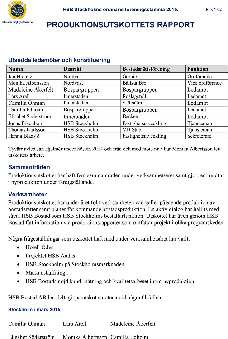 Bospargruppen Ledamot Elisabet Söderström Innerstaden Bäcken Ledamot Jonas Erkenborn HSB Stockholm Fastighetsutveckling Tjänsteman Thomas Karlsson HSB Stockholm VD-Stab Tjänsteman Hanna Bladsjö HSB