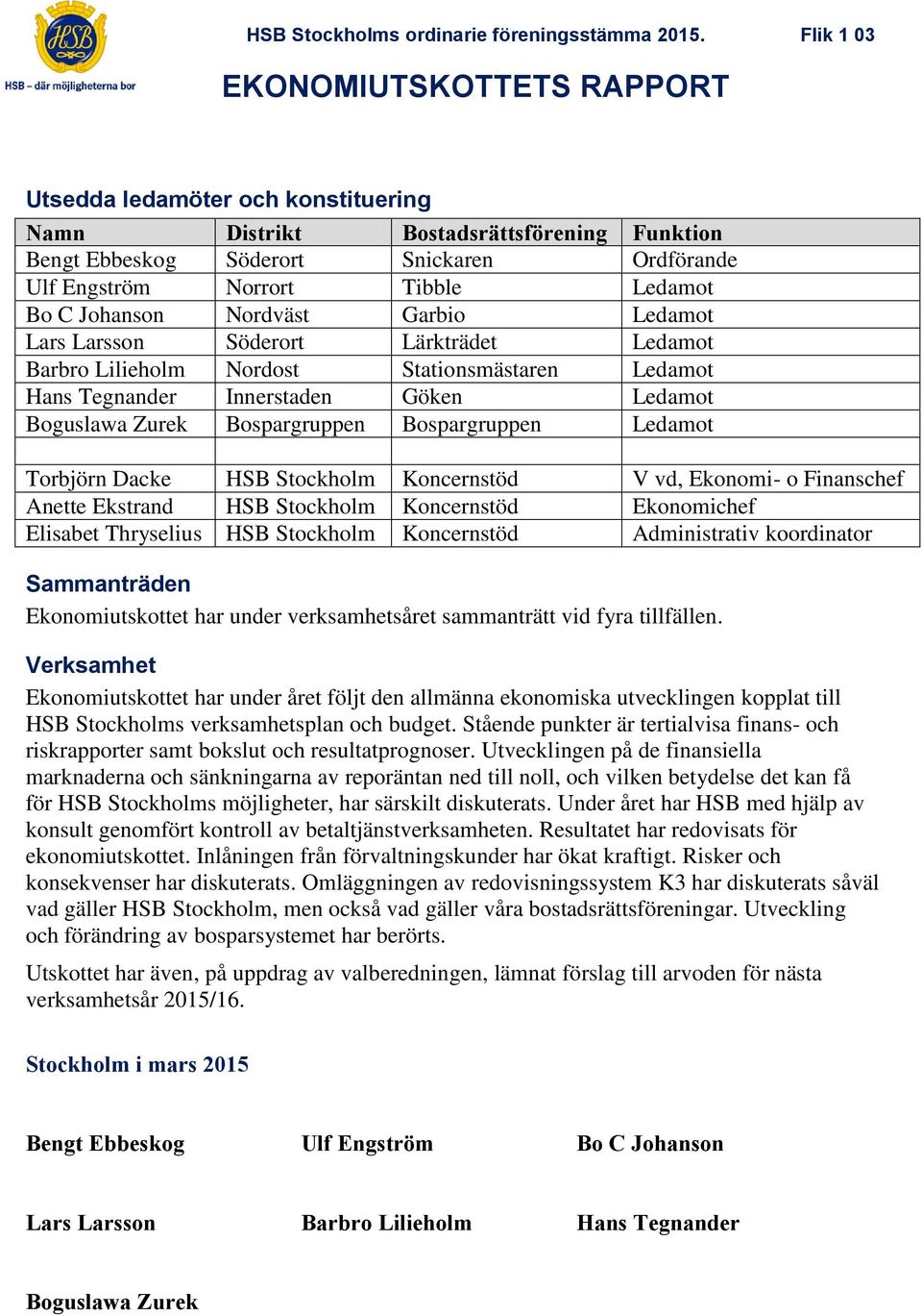 Bospargruppen Ledamot Torbjörn Dacke HSB Stockholm Koncernstöd V vd, Ekonomi- o Finanschef Anette Ekstrand HSB Stockholm Koncernstöd Ekonomichef Elisabet Thryselius HSB Stockholm Koncernstöd