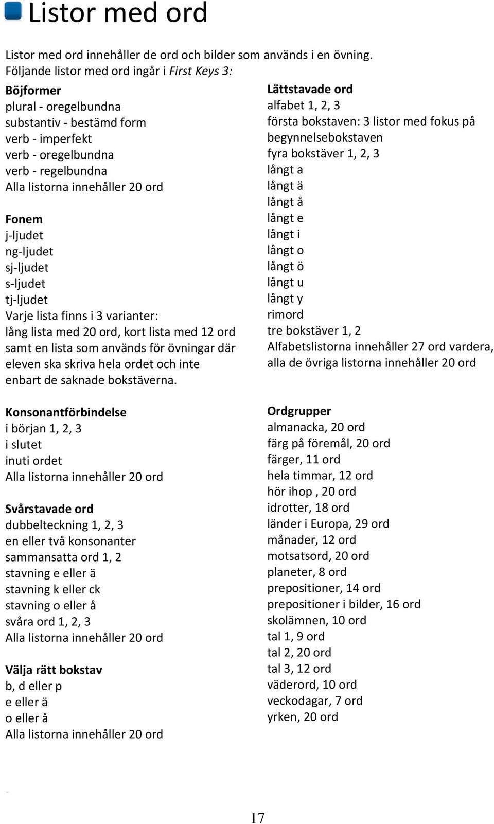 ngljudet sjljudet sljudet tjljudet Varje lista finns i 3 varianter: lång lista med 20 ord, kort lista med 12 ord samt en lista som används för övningar där eleven ska skriva hela ordet och inte