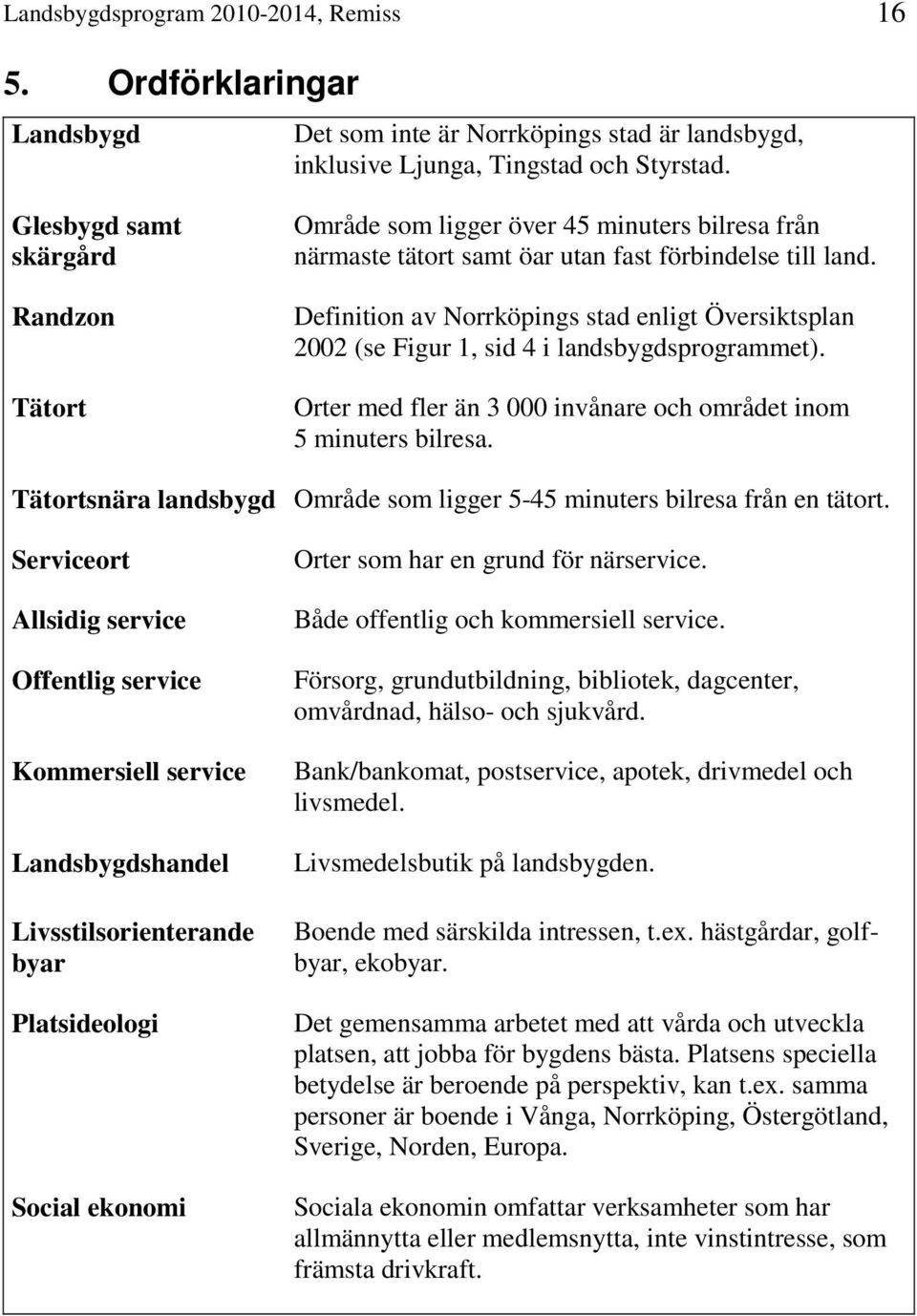 Definition av Norrköpings stad enligt Översiktsplan 2002 (se Figur 1, sid 4 i landsbygdsprogrammet). Orter med fler än 3 000 invånare och området inom 5 minuters bilresa.