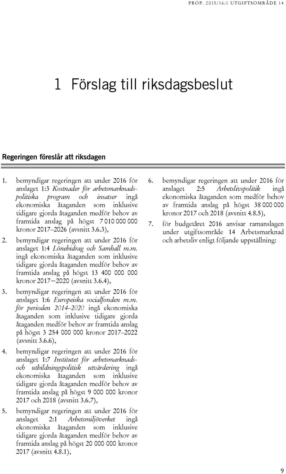 framtida anslag på högst 7 010 000 000 kronor 2017 2026 (avsnitt 3.6.3), 2. bemyndigar regeringen att under 2016 för anslaget 1:4 Lönebidrag och Samhall m.m. ingå ekonomiska åtaganden som inklusive tidigare gjorda åtaganden medför behov av framtida anslag på högst 13 400 000 000 kronor 2017 2020 (avsnitt 3.