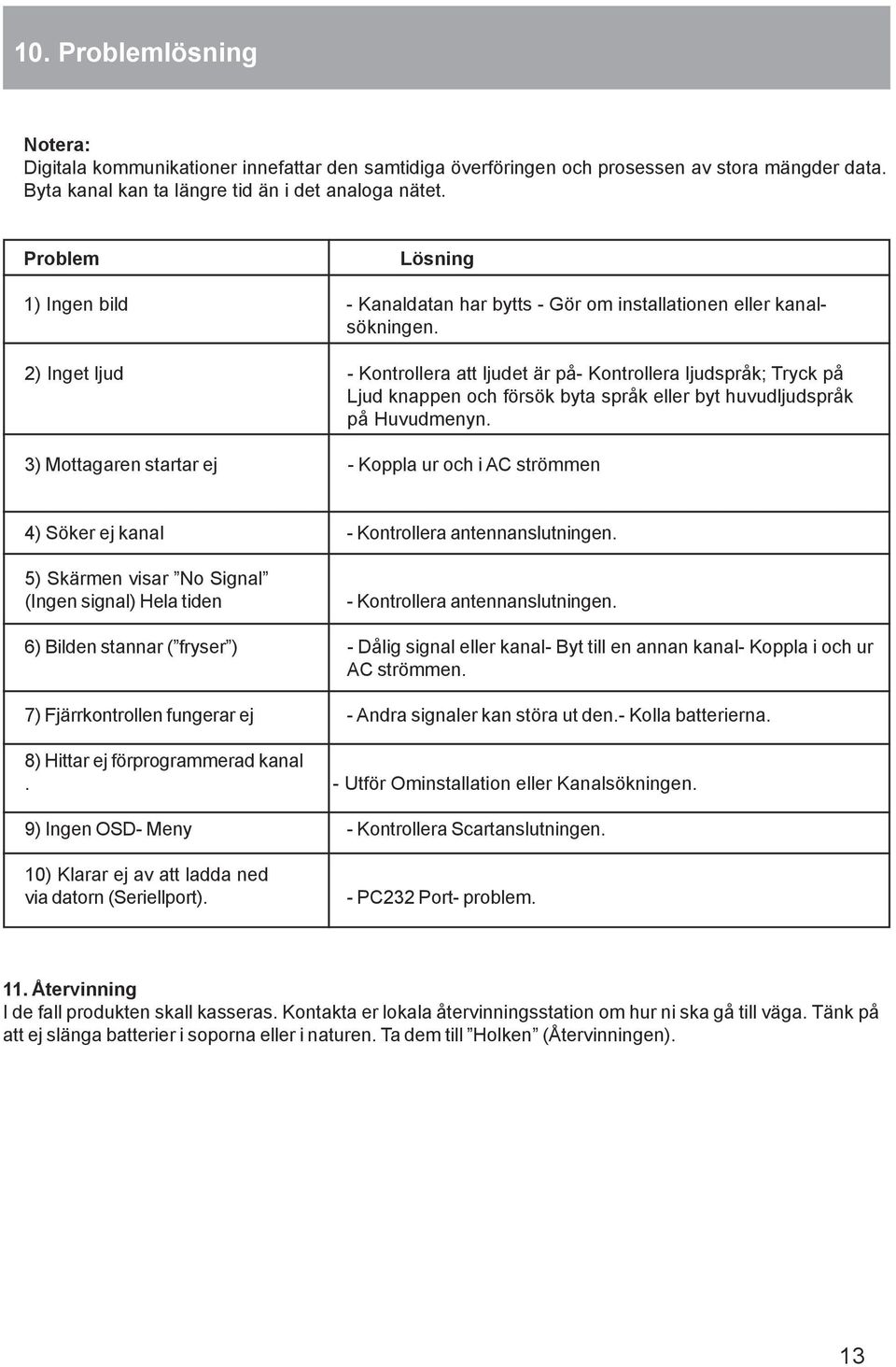 2) Inget ljud - Kontrollera att ljudet är på- Kontrollera ljudspråk; Tryck på Ljud knappen och försök byta språk eller byt huvudljudspråk på Huvudmenyn.