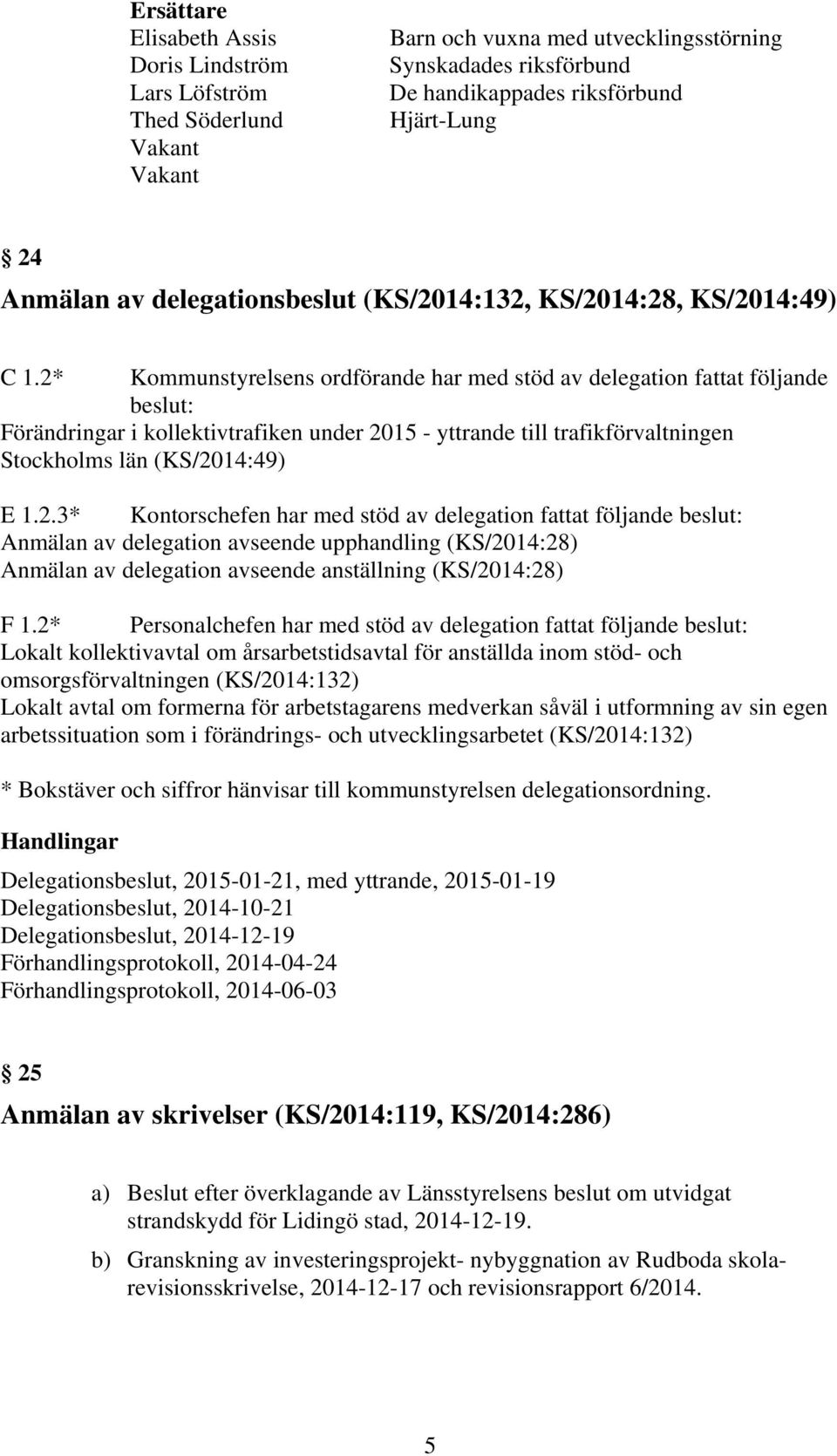 2* Kommunstyrelsens ordförande har med stöd av delegation fattat följande beslut: Förändringar i kollektivtrafiken under 2015 - yttrande till trafikförvaltningen Stockholms län (KS/2014:49) E 1.2.3* Kontorschefen har med stöd av delegation fattat följande beslut: Anmälan av delegation avseende upphandling (KS/2014:28) Anmälan av delegation avseende anställning (KS/2014:28) F 1.