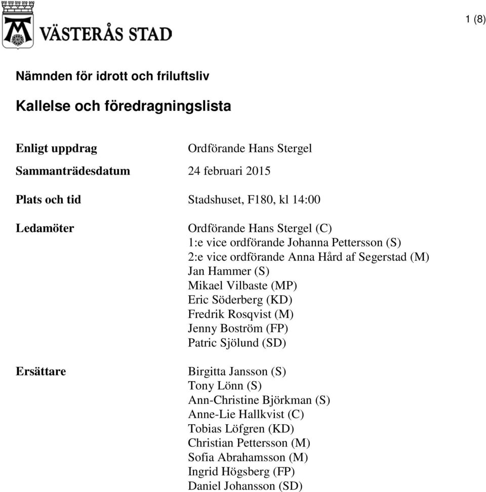 Segerstad (M) Jan Hammer (S) Mikael Vilbaste (MP) Eric Söderberg (KD) Fredrik Rosqvist (M) Jenny Boström (FP) Patric Sjölund (SD) Birgitta Jansson (S) Tony