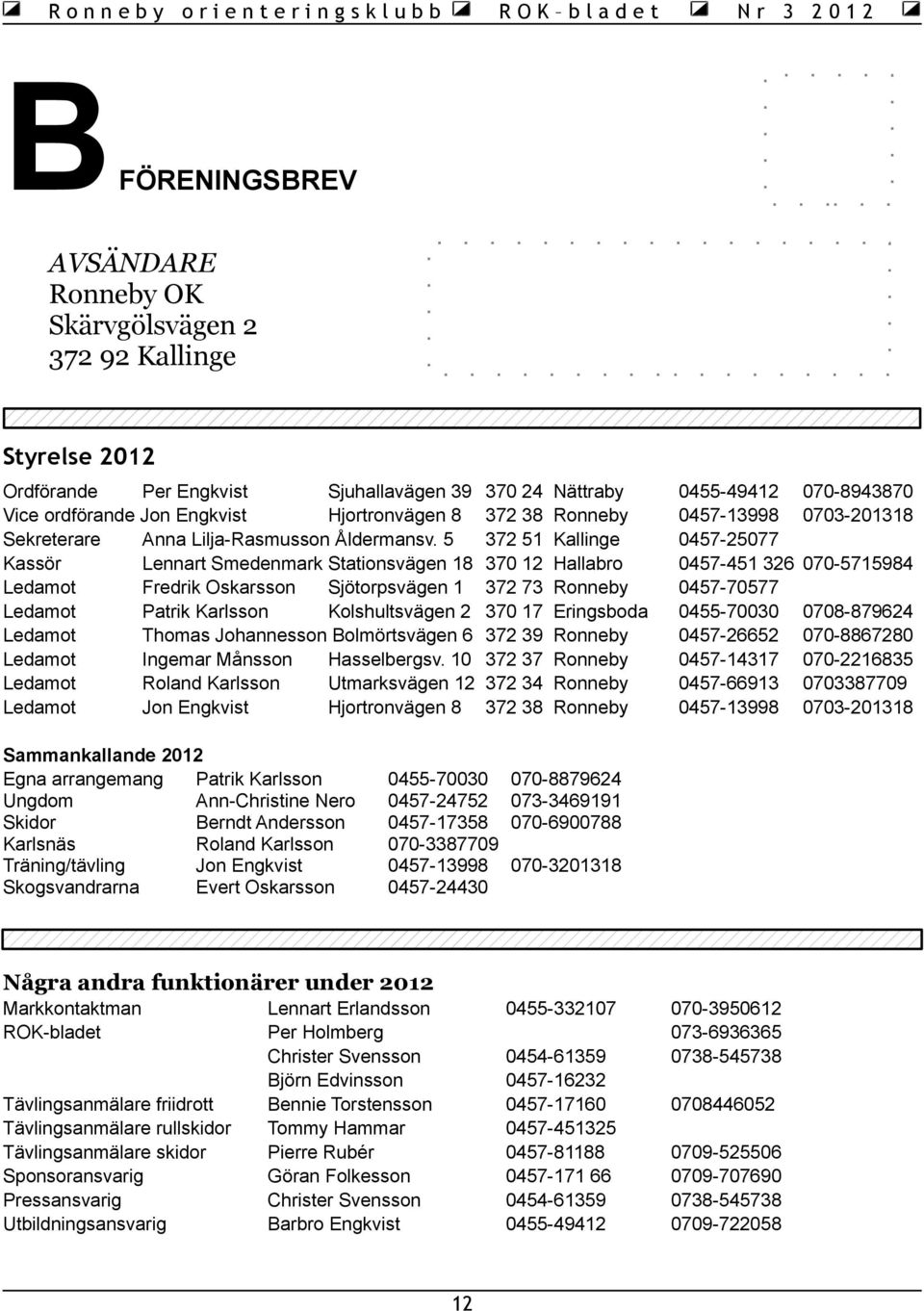 5 372 51 Kallinge 0457-25077 Kassör Lennart Smedenmark Stationsvägen 18 370 12 Hallabro 0457-451 326 070-5715984 Ledamot Fredrik Oskarsson Sjötorpsvägen 1 372 73 Ronneby 0457-70577 Ledamot Patrik