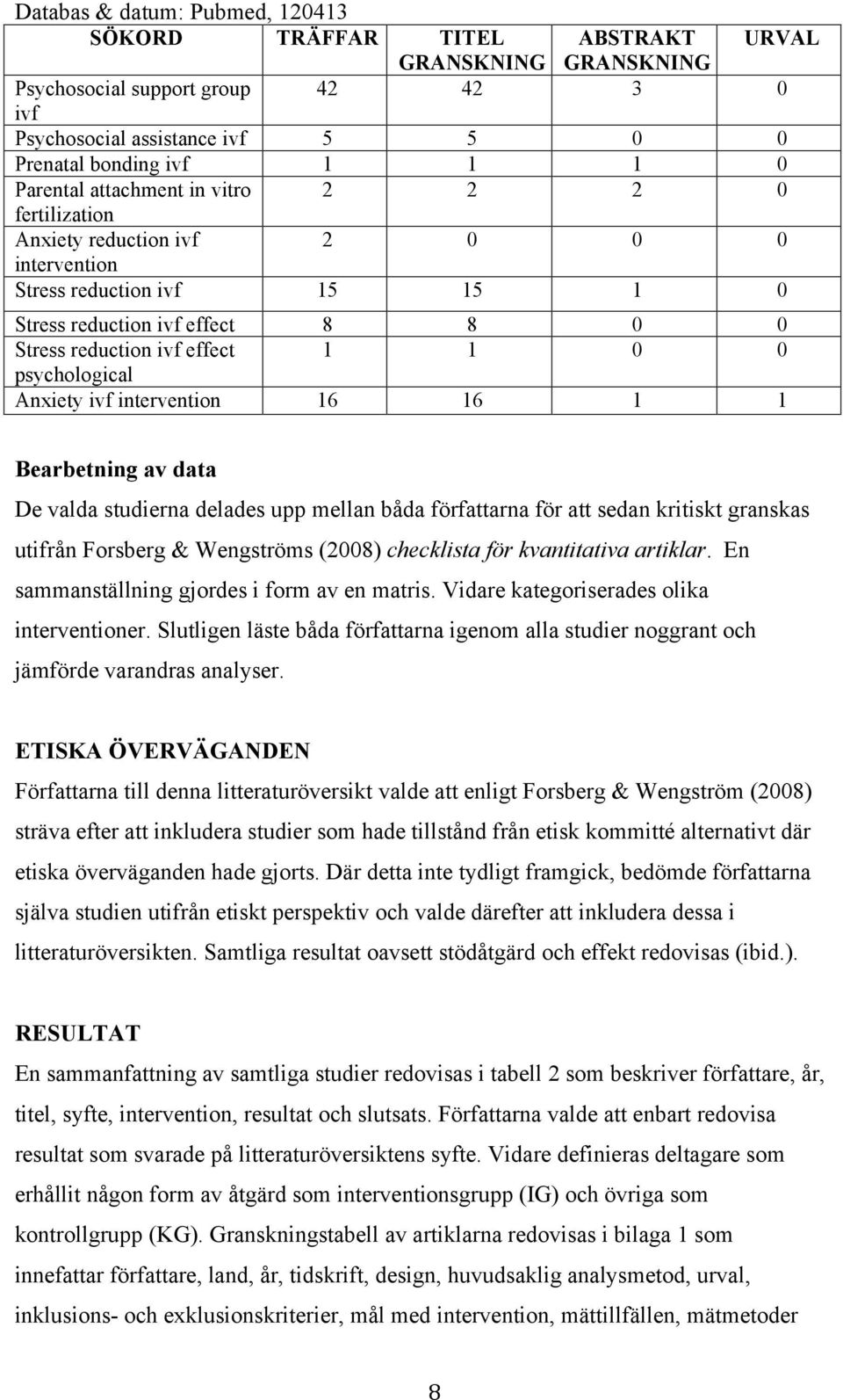 psychological Anxiety ivf intervention 16 16 1 1 Bearbetning av data De valda studierna delades upp mellan båda författarna för att sedan kritiskt granskas utifrån Forsberg & Wengströms (2008)