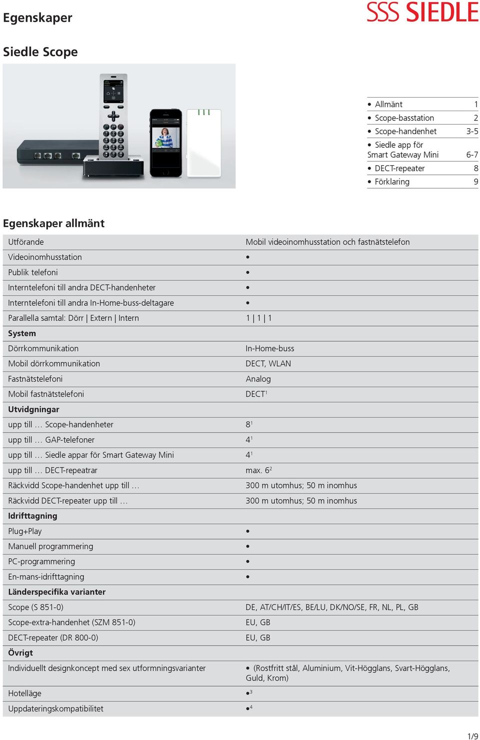 Dörrkommunikation In-Home-buss Mobil dörrkommunikation DECT, WLAN Fastnätstelefoni Analog Mobil fastnätstelefoni DECT 1 Utvidgningar upp till Scope-handenheter 8 1 upp till GAP-telefoner 4 1 upp till