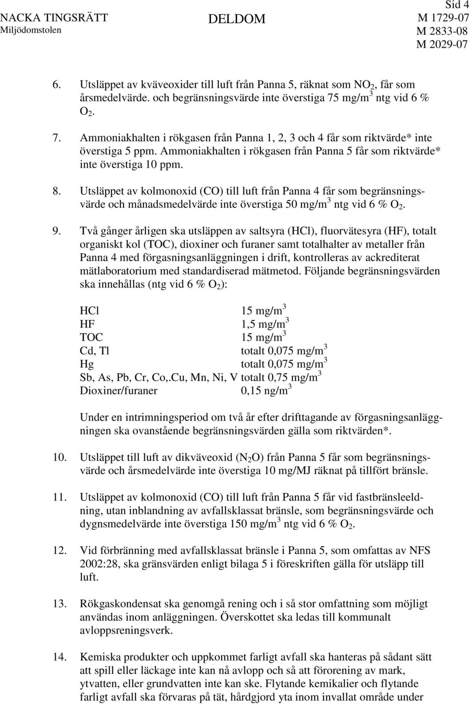 8. Utsläppet av kolmonoxid (CO) till luft från Panna 4 får som begränsningsvärde och månadsmedelvärde inte överstiga 50 mg/m 3 ntg vid 6 % O 2. 9.