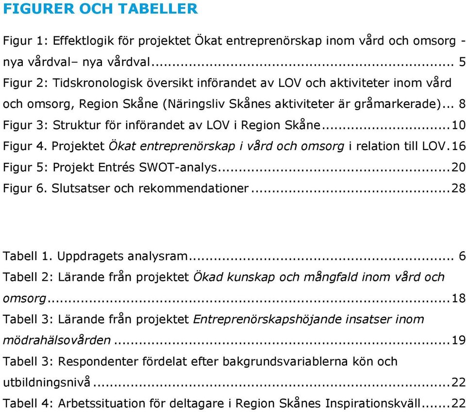 .. 8 Figur 3: Struktur för införandet av LOV i Region Skåne... 10 Figur 4. Projektet Ökat entreprenörskap i vård och omsorg i relation till LOV. 16 Figur 5: Projekt Entrés SWOT-analys... 20 Figur 6.