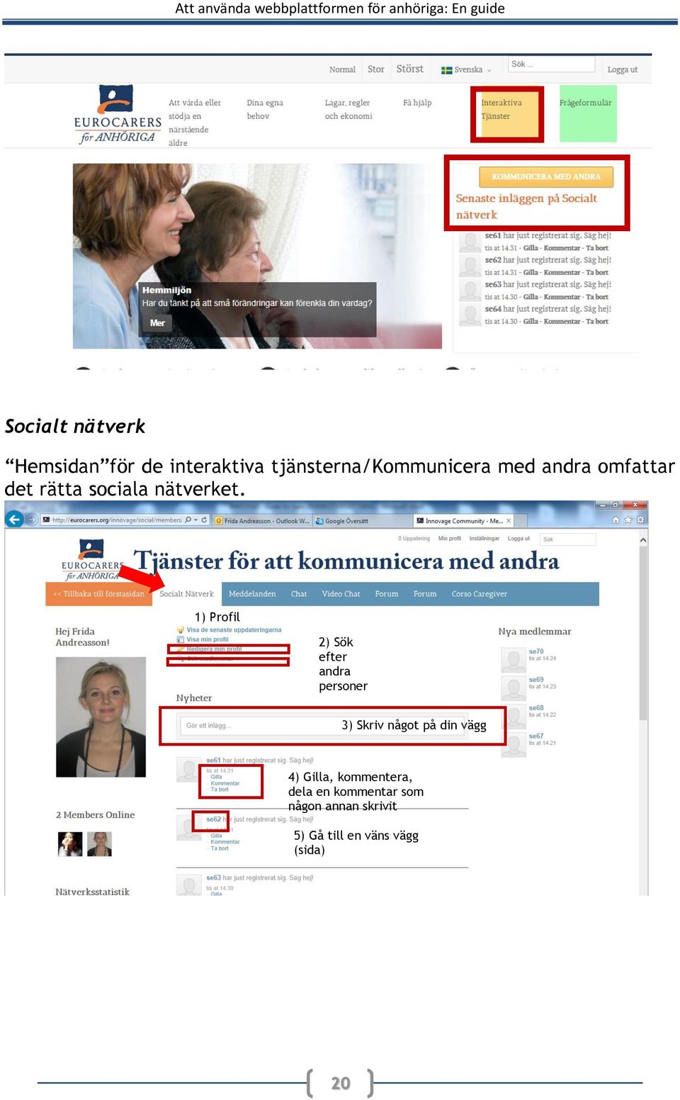 1) Profil 2) Sök efter andra personer 3) Skriv något på din vägg 4)