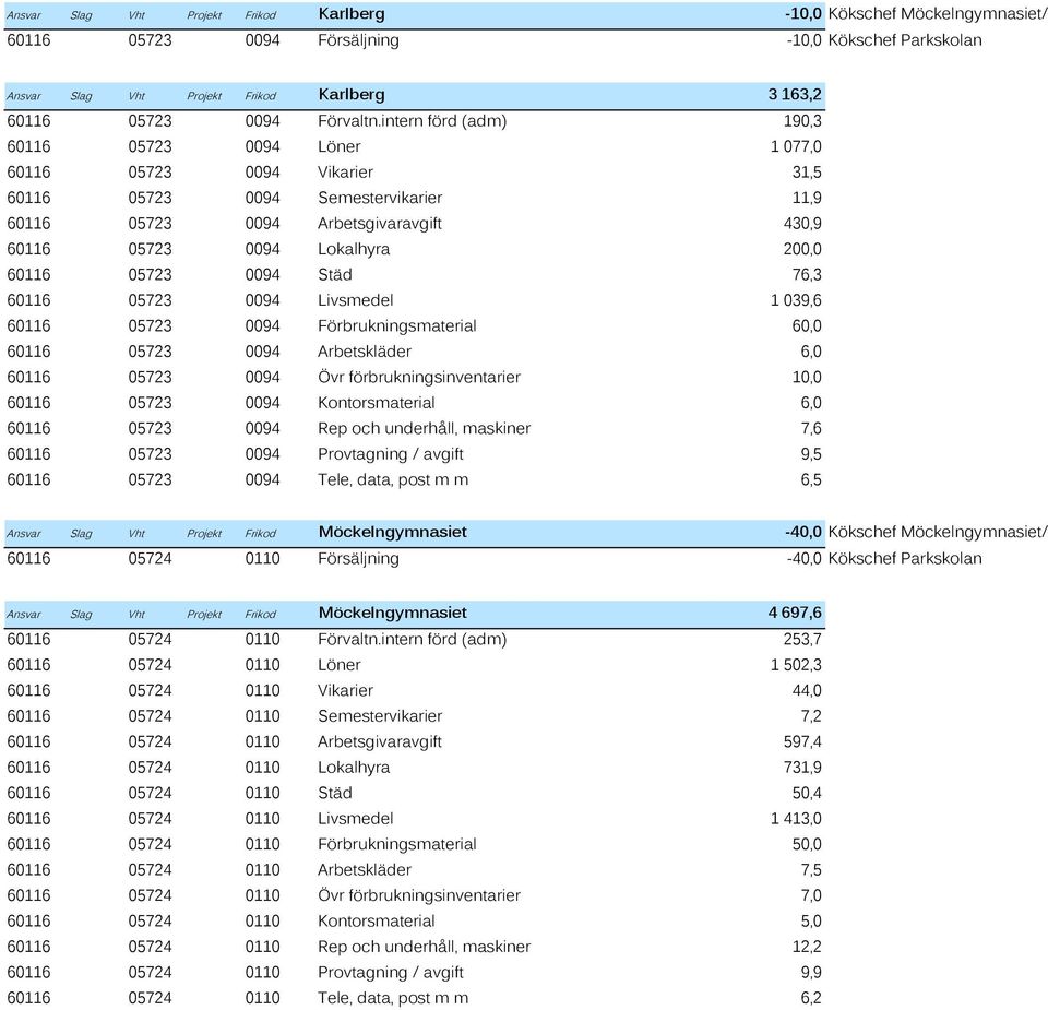 intern förd (adm) 190,3 60116 05723 0094 Löner 1 077,0 60116 05723 0094 Vikarier 31,5 60116 05723 0094 Semestervikarier 11,9 60116 05723 0094 Arbetsgivaravgift 430,9 60116 05723 0094 Lokalhyra 200,0