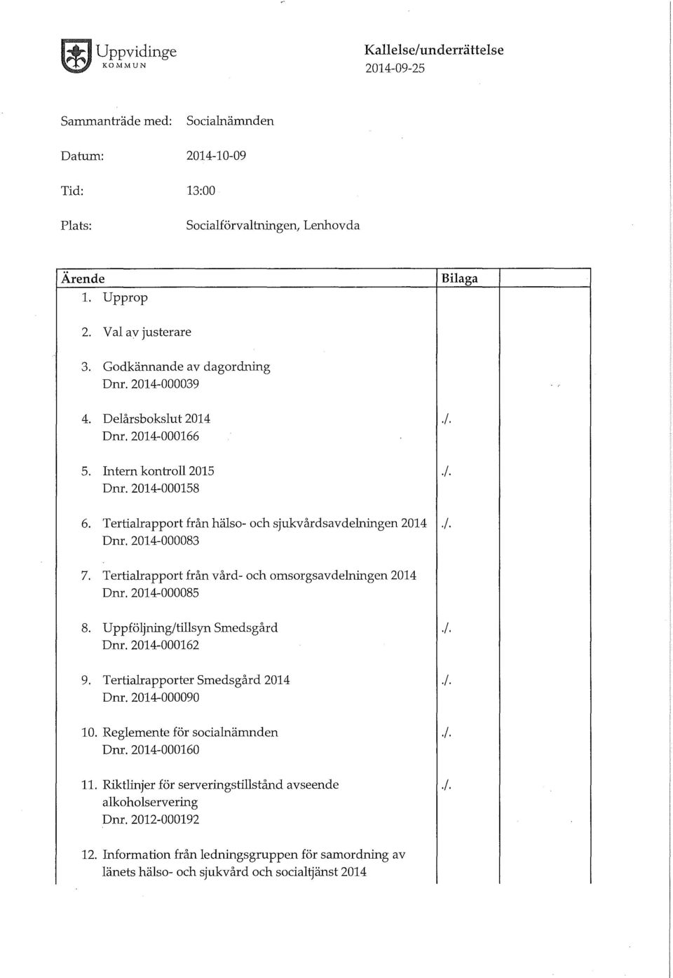 Tertialrapprt från vård- ch msrgsavdelningen 2014 Dm. 2014-000085 8. Uppföljning/tillsyn Smedsgård./. Dm. 2014-000162 9. Tertialrapprter Smedsgård 2014./. Dm. 2014-000090 10.