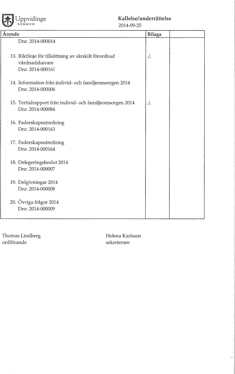 2014-000006 15. Tertialrapprt från individ- ch familjemsrgen 2014 Dnr. 2014-000084./. 16. Faderskapsutredning Dnr. 2014-000163 17.