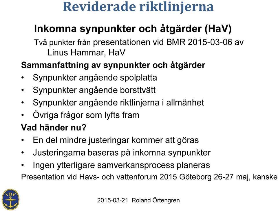 riktlinjerna i allmänhet Övriga frågor som lyfts fram Vad händer nu?