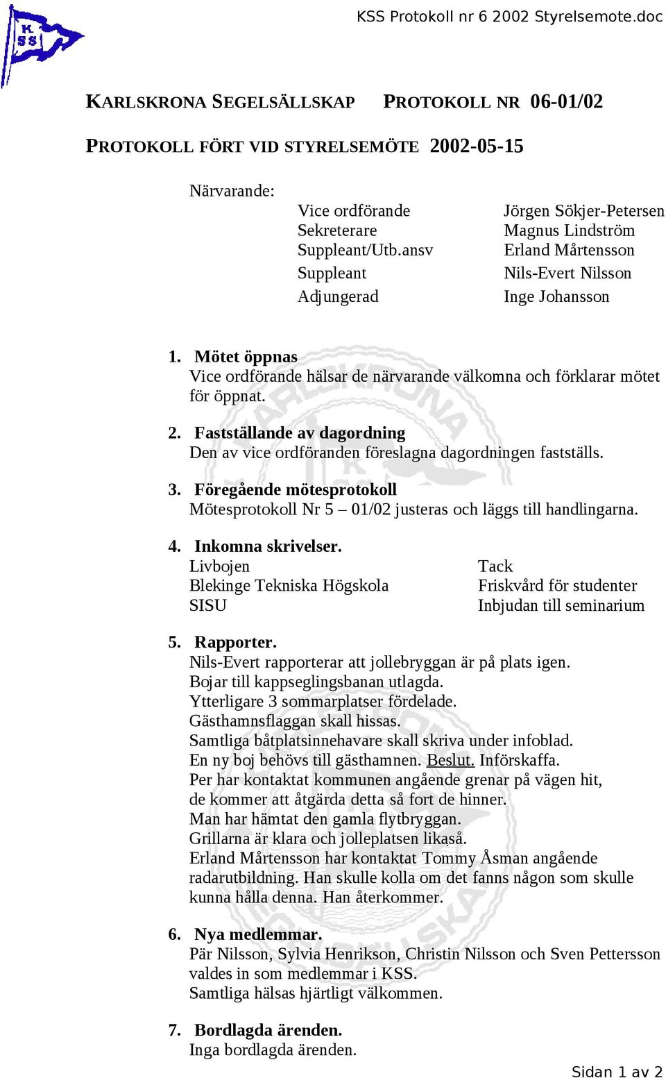 Fastställande av dagordning Den av vice ordföranden föreslagna dagordningen fastställs. 3. Föregående mötesprotokoll Mötesprotokoll Nr 5 01/02 justeras och läggs till handlingarna. 4.