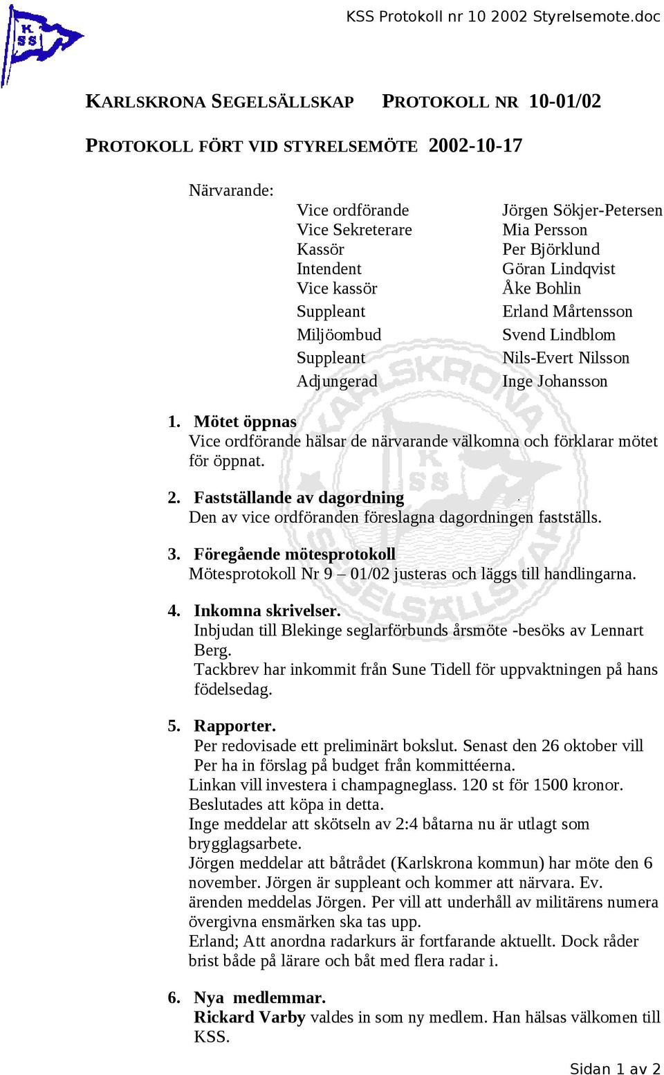 Björklund Göran Lindqvist Åke Bohlin Erland Mårtensson Svend Lindblom Nils-Evert Nilsson Inge Johansson 1. Mötet öppnas hälsar de närvarande välkomna och förklarar mötet för öppnat. 2.