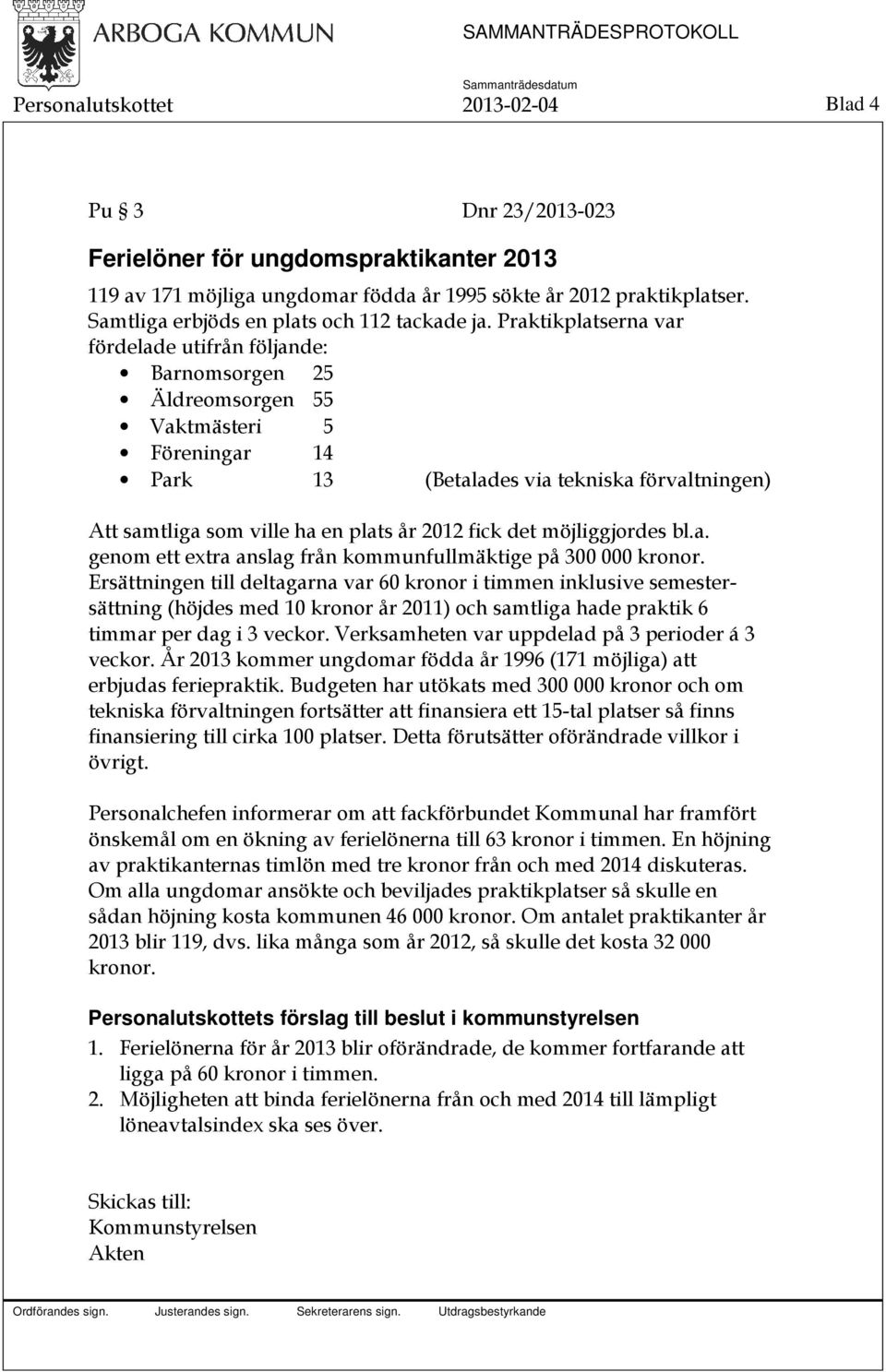 Praktikplatserna var fördelade utifrån följande: Barnomsorgen 25 Äldreomsorgen 55 Vaktmästeri 5 Föreningar 14 Park 13 (Betalades via tekniska förvaltningen) Att samtliga som ville ha en plats år 2012