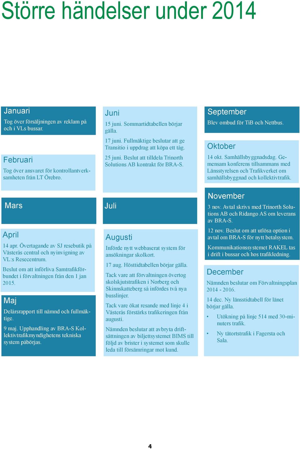 Maj Delårsrapport till nämnd och fullmäktige. 9 maj. Upphandling av BRA-S Kollektivtrafikmyndighetens tekniska system påbörjas. Juni 15 juni. Sommartidtabellen börjar gälla. 17 juni.