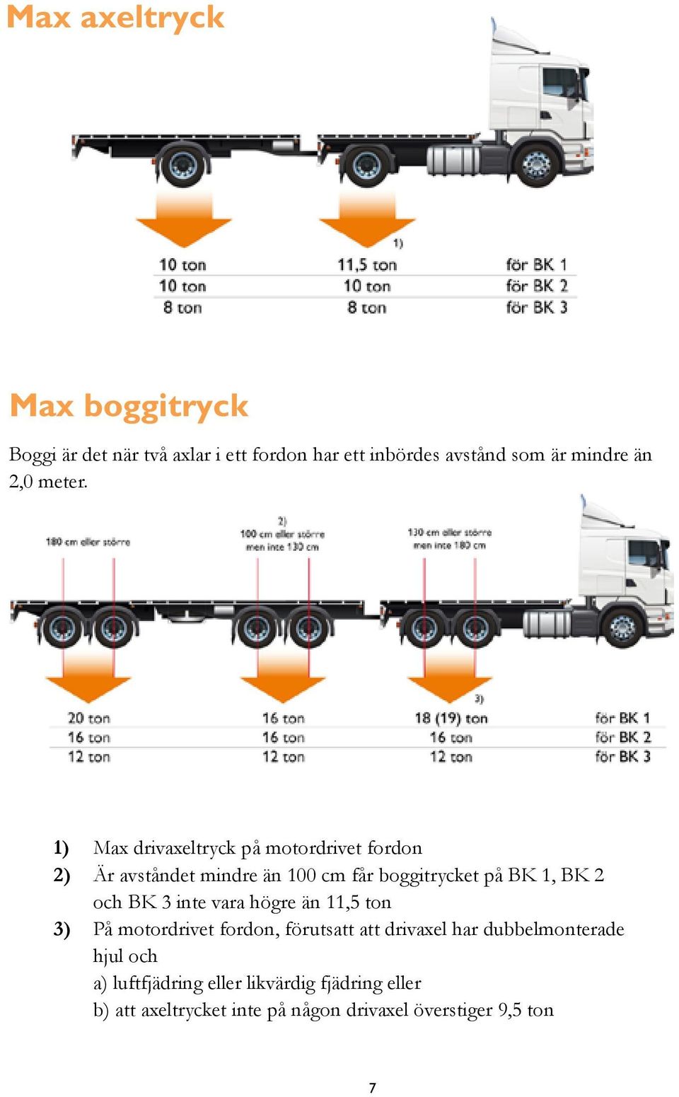 1) Max drivaxeltryck på motordrivet fordon 2) Är avståndet mindre än 100 cm får boggitrycket på BK 1, BK 2 och BK