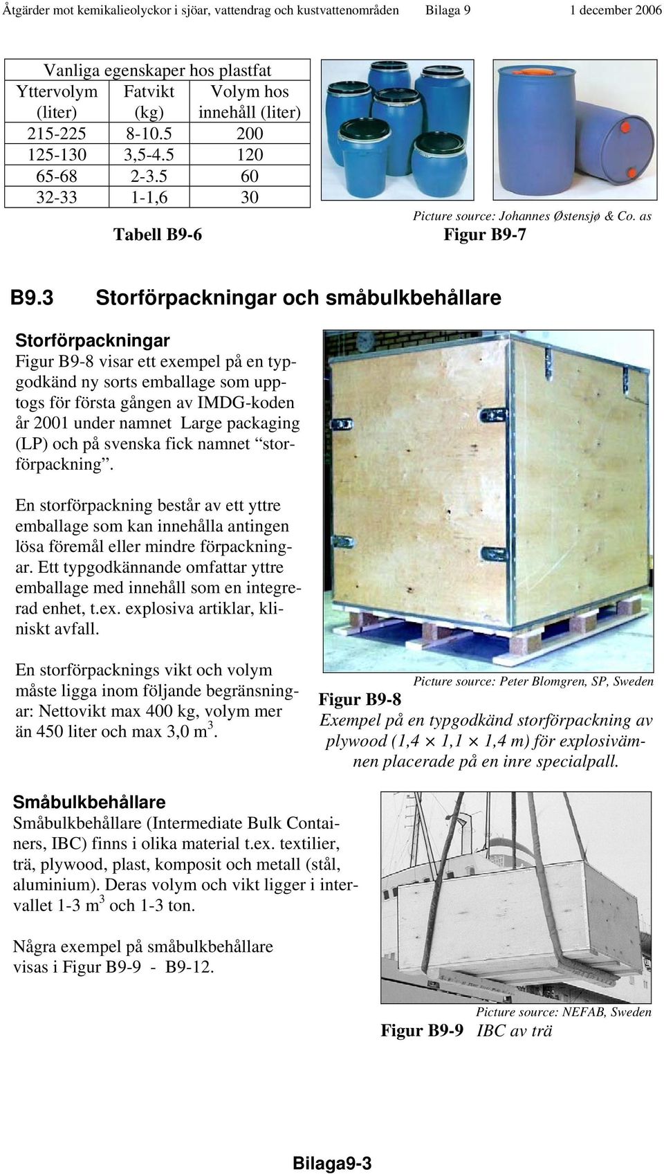 3 Storförpackningar och småbulkbehållare Storförpackningar Figur B9-8 visar ett exempel på en typgodkänd ny sorts emballage som upptogs för första gången av IMDG-koden år 2001 under namnet Large