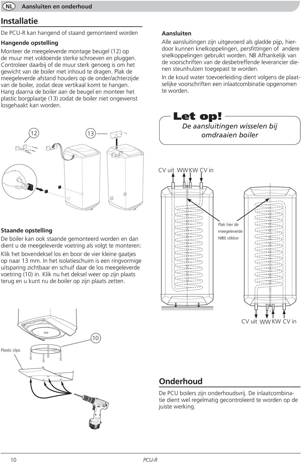 Plak de meegeleverde afstand houders op de onder/achterzijde van de boiler, zodat deze vertikaal komt te hangen.