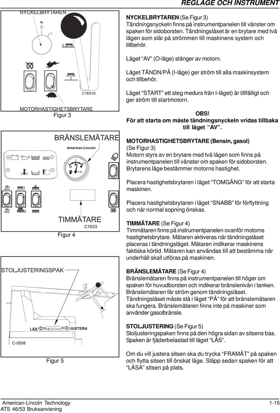 REGLAGE OCH INSTRUMENT Läget TÄNDN/PÅ (Iläge) ger ström till alla maskinsystem och tillbehör. Läget START ett steg medurs från Iläget) är tillfälligt och ger ström till startmotorn. Figur 3 OBS!