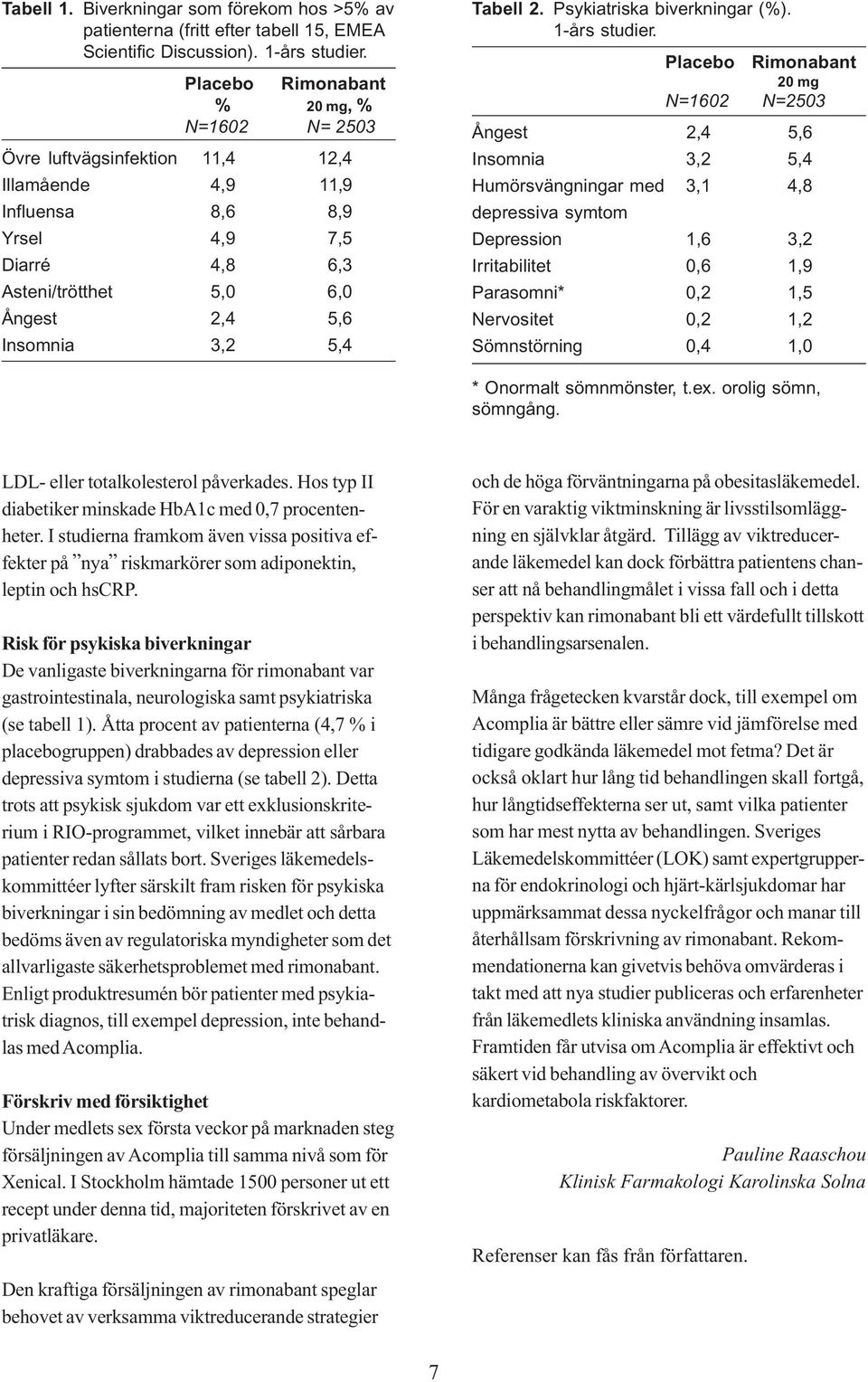 5,4 Tabell 2. Psykiatriska biverkningar (%). 1-års studier.