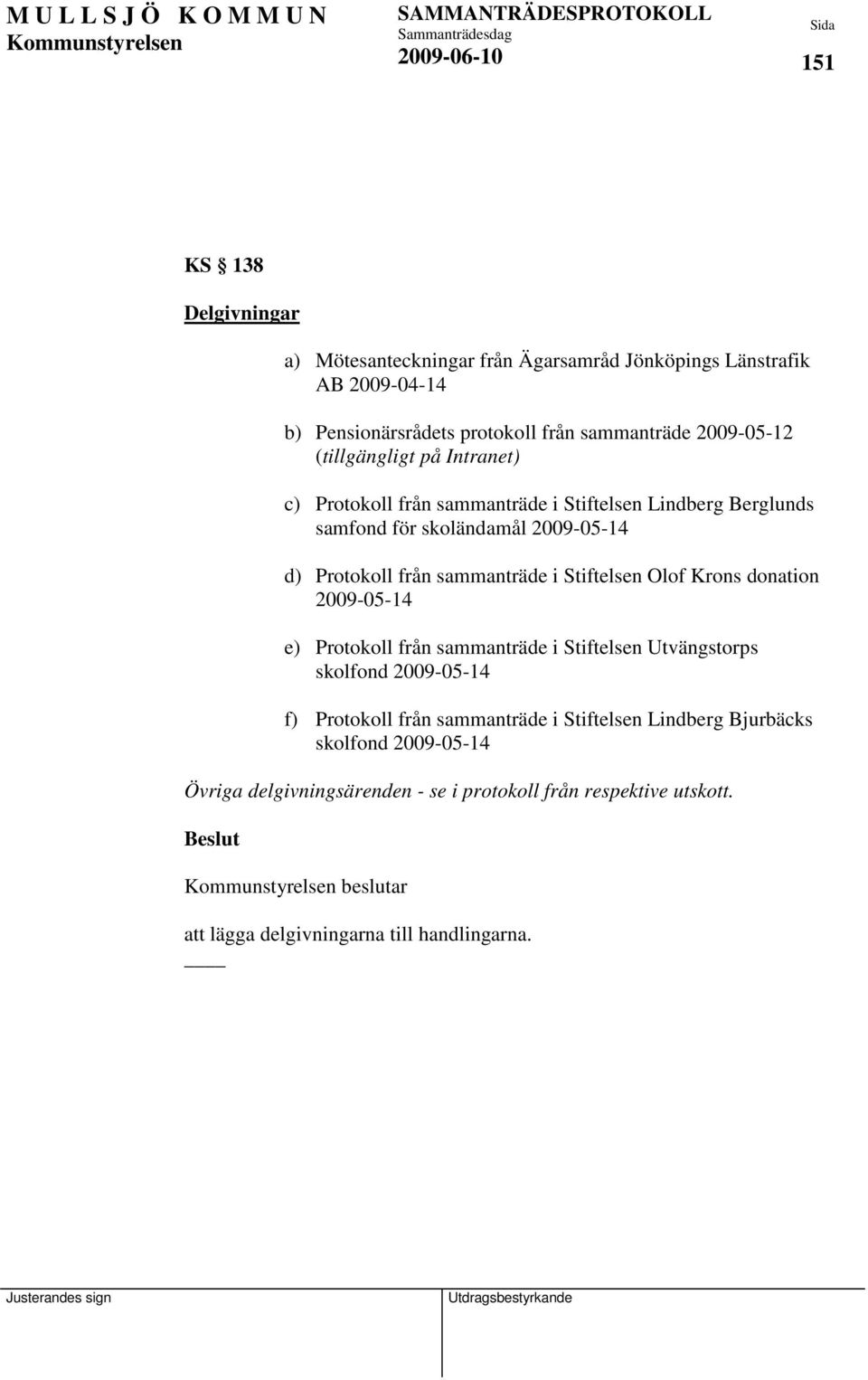 Stiftelsen Olof Krons donation 2009-05-14 e) Protokoll från sammanträde i Stiftelsen Utvängstorps skolfond 2009-05-14 f) Protokoll från sammanträde i