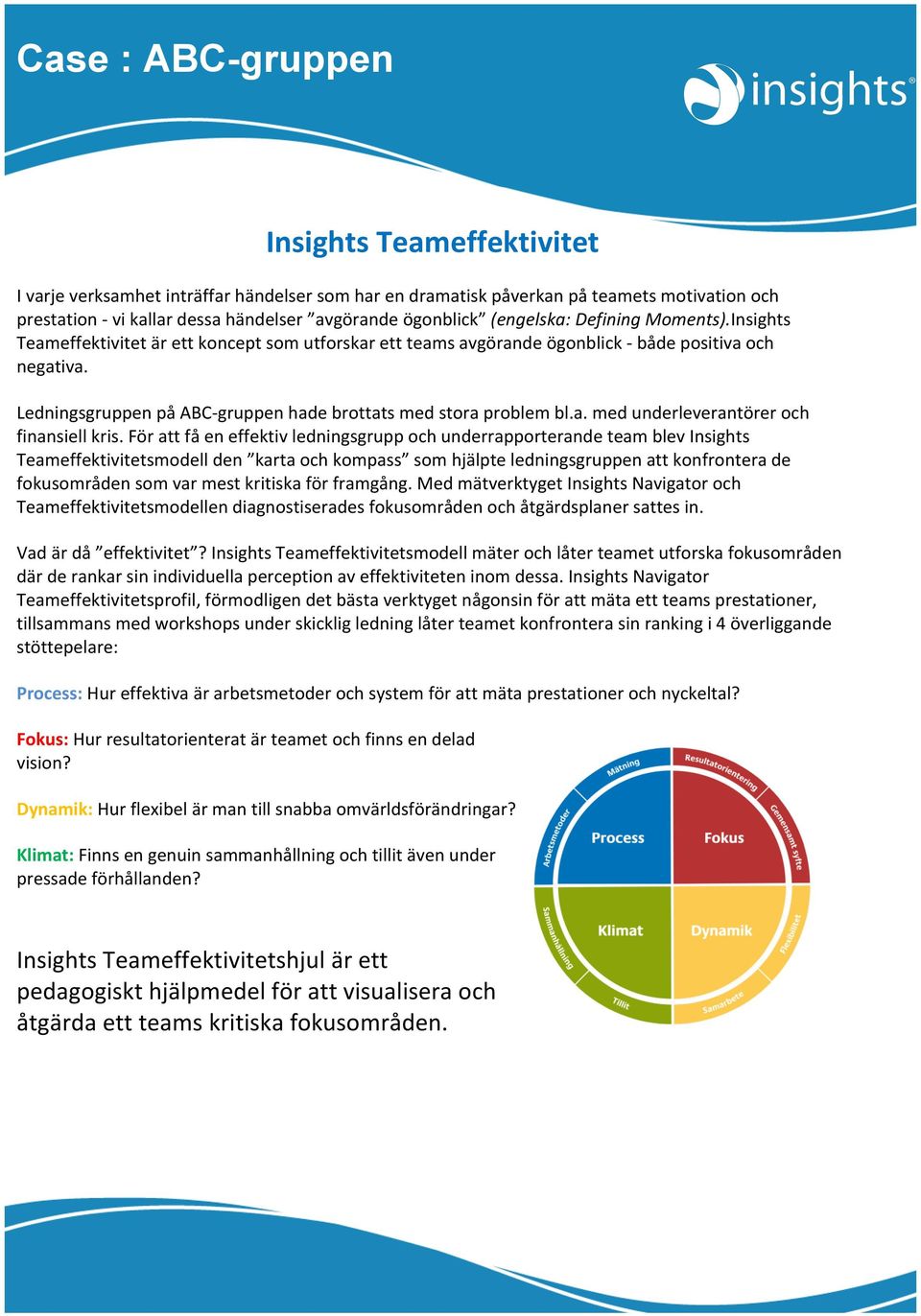 För att få en effektiv ledningsgrupp och underrapporterande team blev Insights Teameffektivitetsmodell den karta och kompass som hjälpte ledningsgruppen att konfrontera de fokusområden som var mest