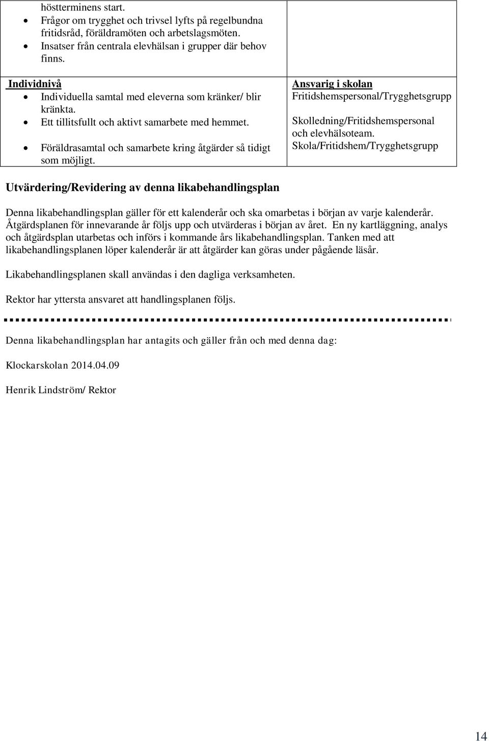 Ansvarig i skolan Fritidshemspersonal/Trygghetsgrupp Skolledning/Fritidshemspersonal och elevhälsoteam.