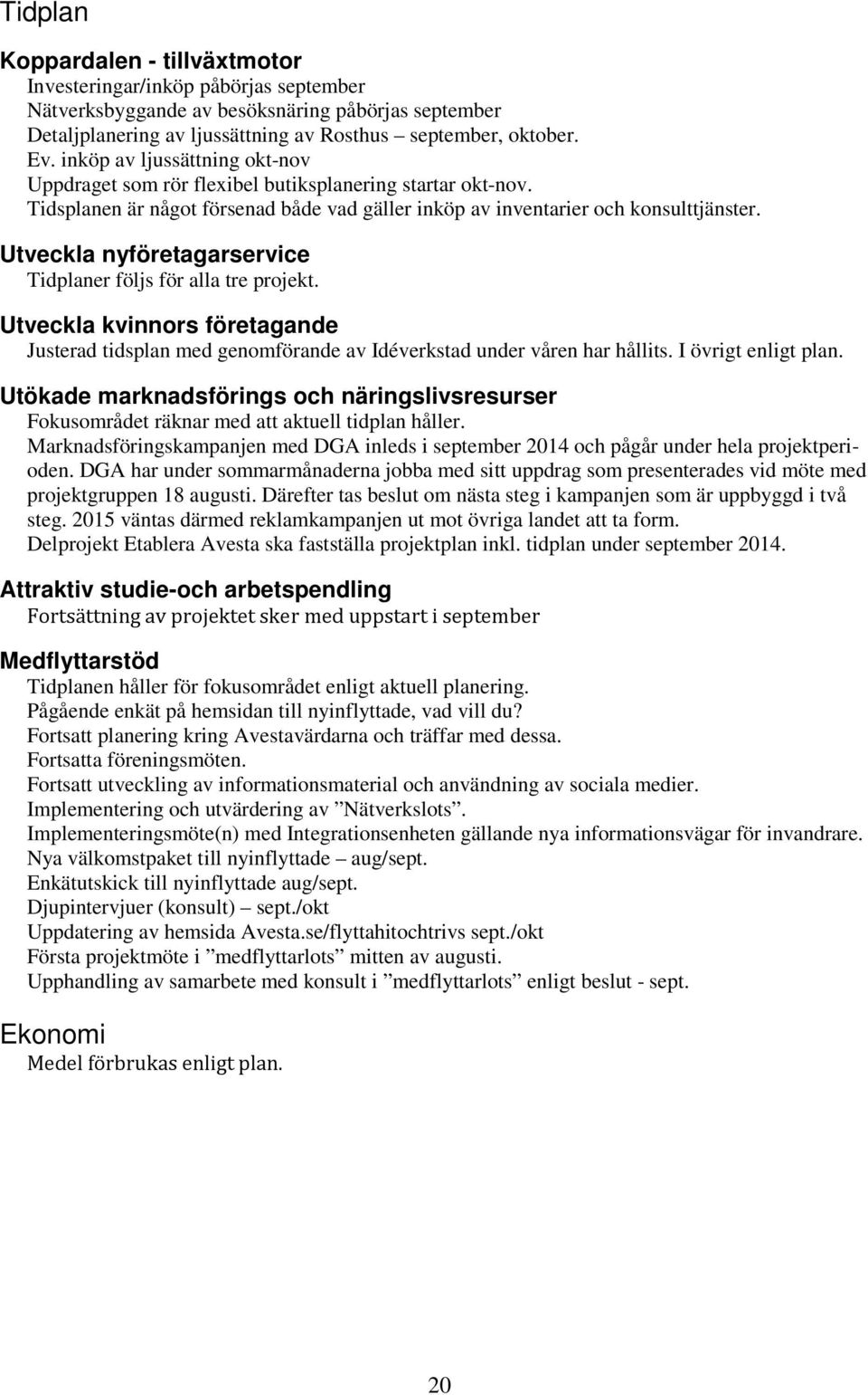 Utveckla nyföretagarservice Tidplaner följs för alla tre projekt. Utveckla kvinnors företagande Justerad tidsplan med genomförande av Idéverkstad under våren har hållits. I övrigt enligt plan.