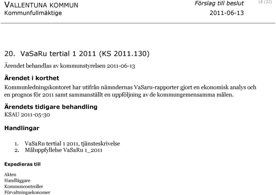 en ekonomisk analys och en prognos för 2011 samt sammanställt en uppföljning av de kommungemensamma målen.