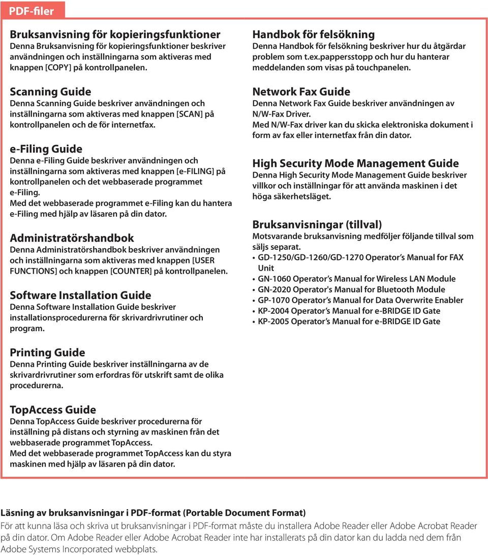 e-filing Guide Denna e-filing Guide beskriver användningen och inställningarna som aktiveras med knappen [e-filing] på kontrollpanelen och det webbaserade programmet e-filing.