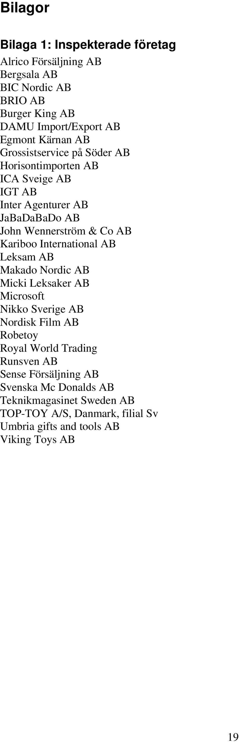 Kariboo International AB Leksam AB Makado Nordic AB Micki Leksaker AB Microsoft Nikko Sverige AB Nordisk Film AB Robetoy Royal World Trading